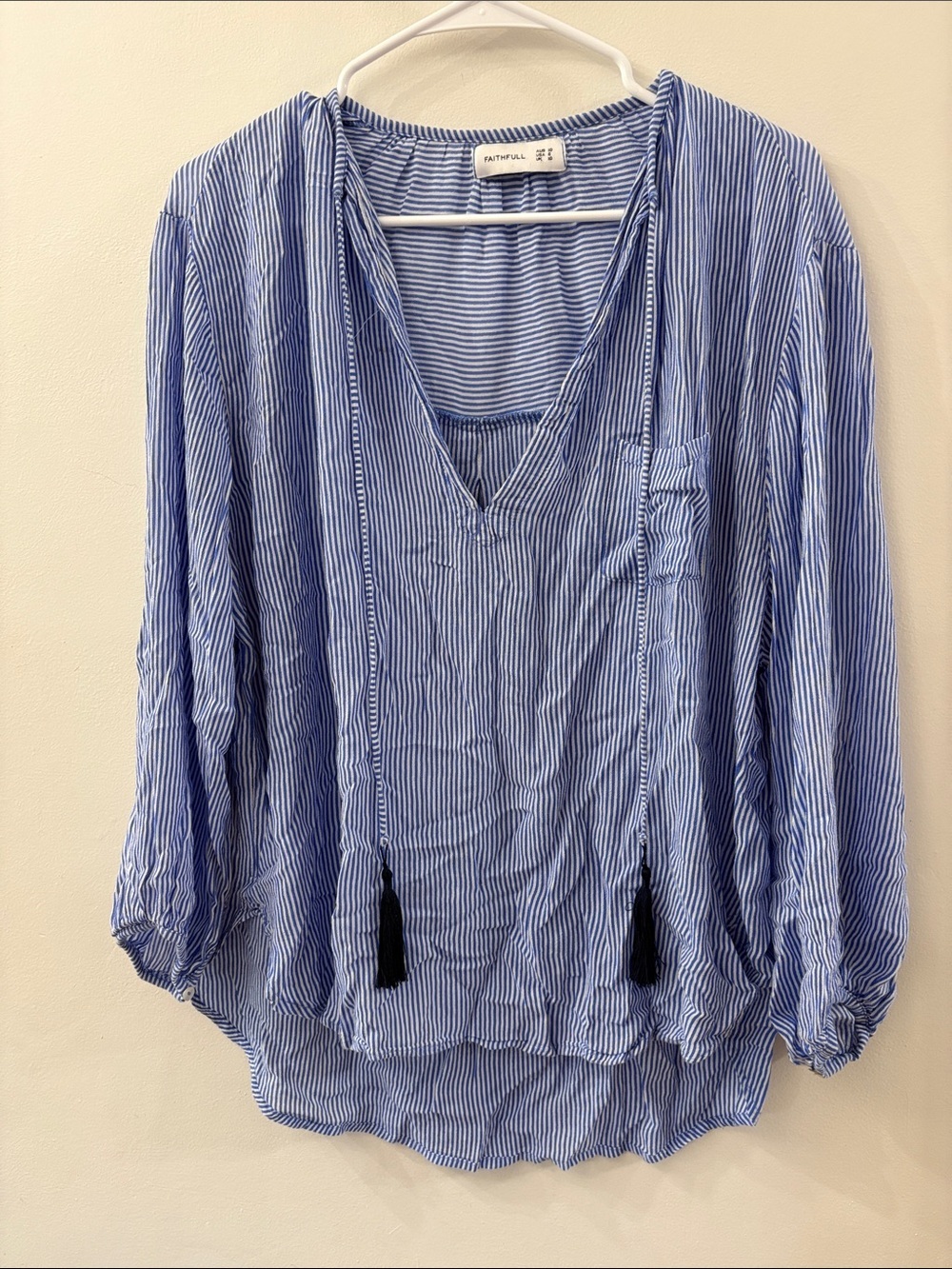 Faithfull the Brand-Tuckernuck - Blue and White Striped V-Neck Tassel blouse- 6